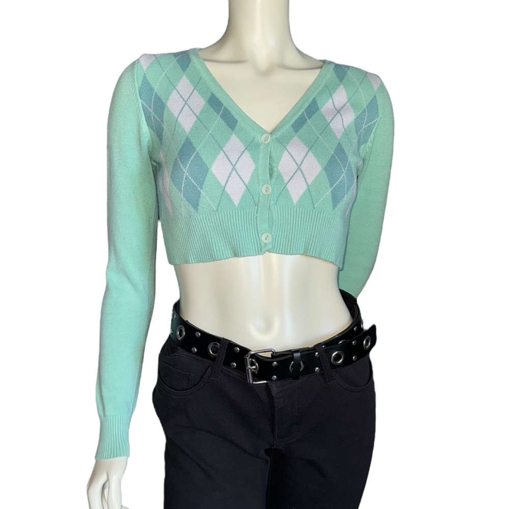 Debut Women Diamond Pattern Cardigan Sweater Long Sleeve V-Neck Crop Knit Tops